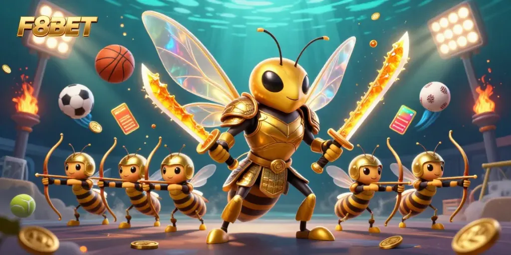 F8BET players engage in exciting casino games alongside a samurai hornet and bee archers while betting.