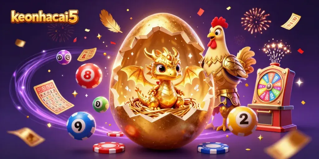 Engage with keonhacai5 as a colossal golden egg reveals a golden baby dragon amidst vibrant casino elements.