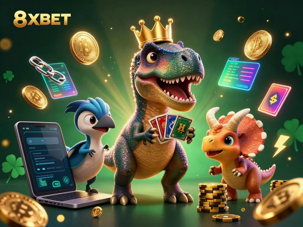 Engage in thrilling online gaming at 8XBET with dynamic characters and colorful casino elements.