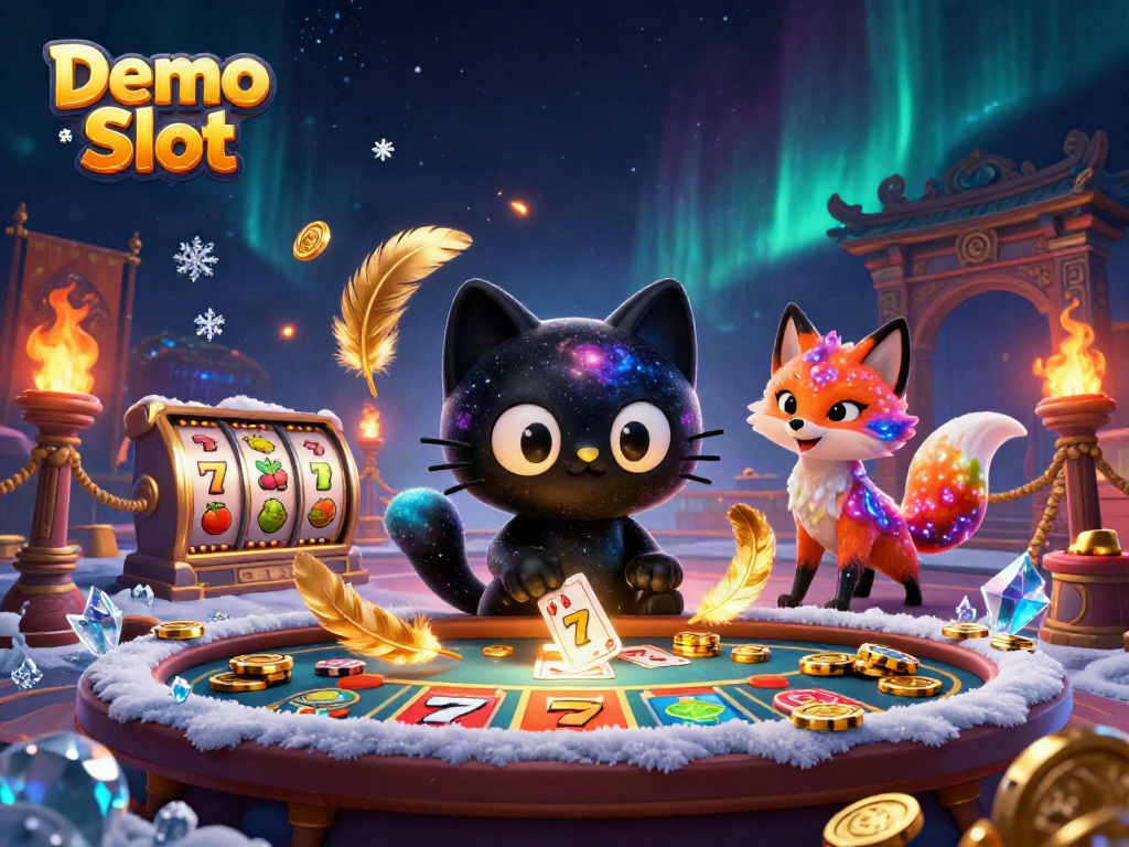 Engage with a vibrant Demo Slot experience surrounded by cosmic characters and slot game elements.