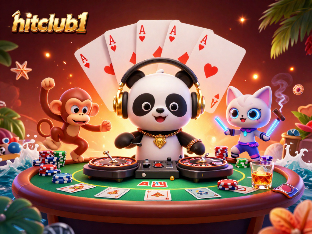 Experience interactive gaming fun at hitclub1 with DJ panda and friends in a vibrant casino setting.