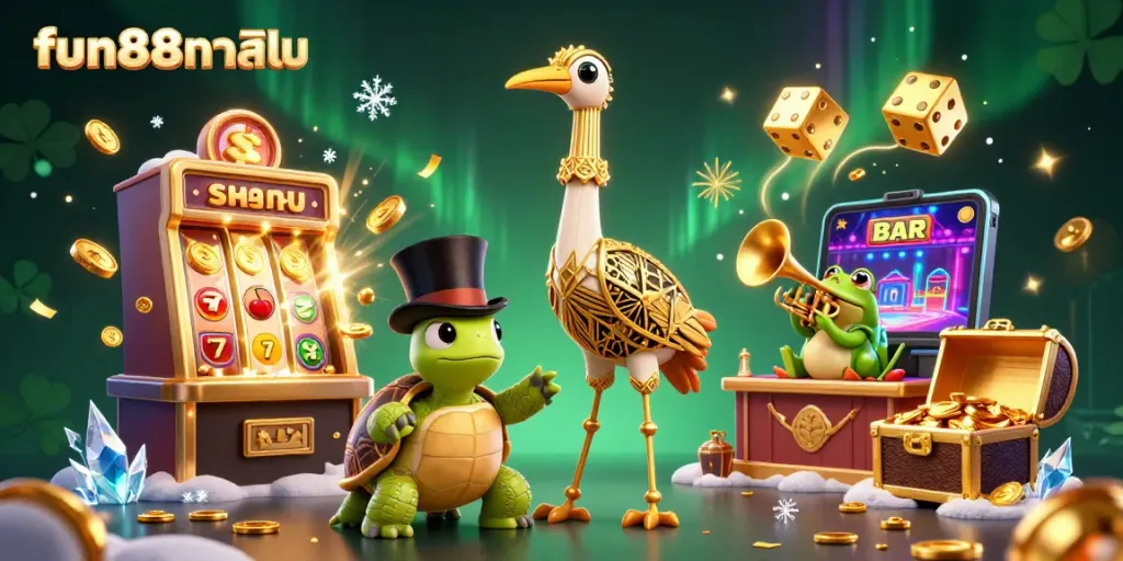 Engage with fun88คาสิโน through an exhilarating 3D casino scene showcasing vibrant characters and dynamic game elements.