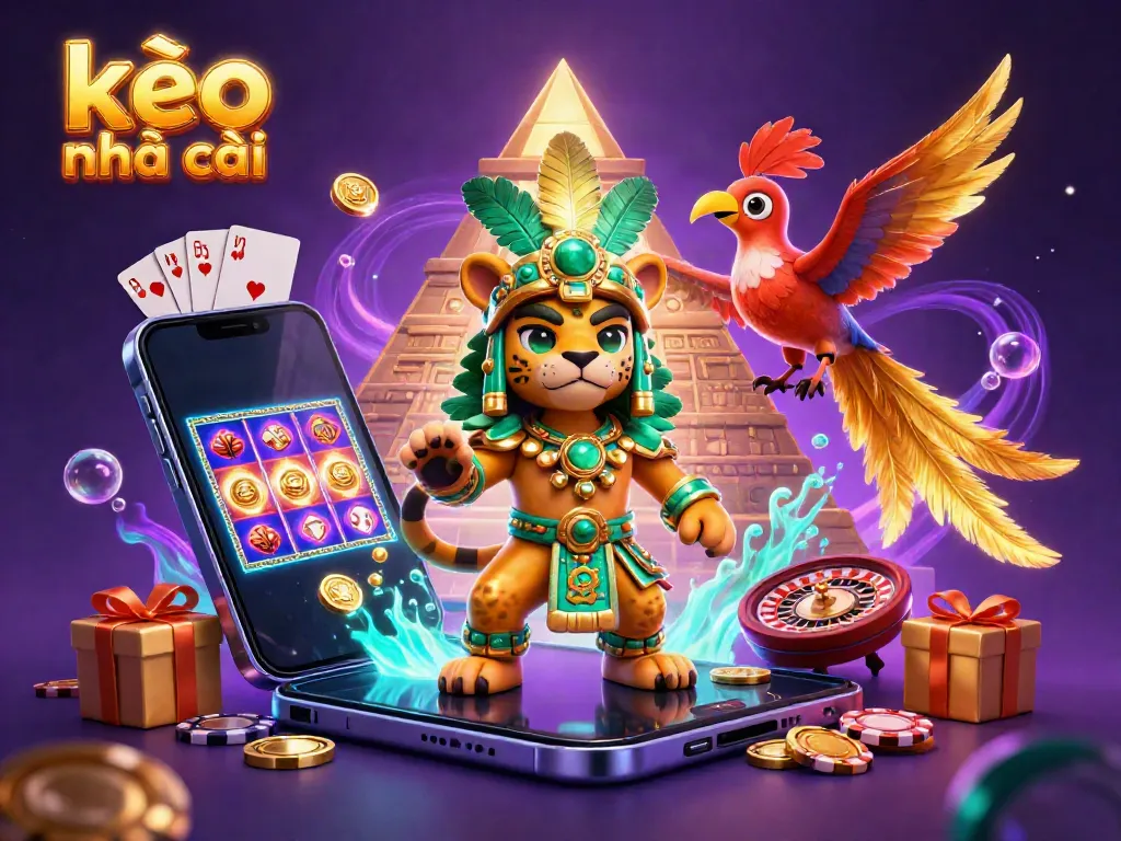 Engaging scene depicting kèo nhà cái with a Mayan jaguar priest, colorful slot game action, and casino elements.