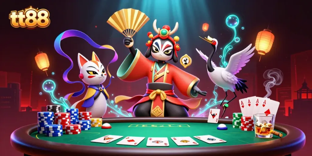 Experience thrilling poker with tt88 in a vibrant 3D illustration of a kabuki warrior and kitsune.