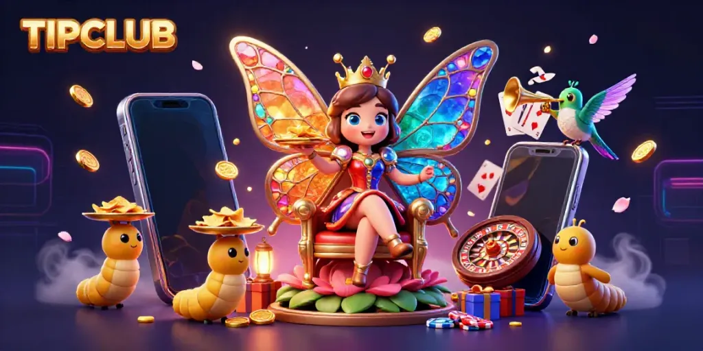 Engage with TIPCLUB's vibrant casino scene featuring a butterfly queen and vibrant slot elements.