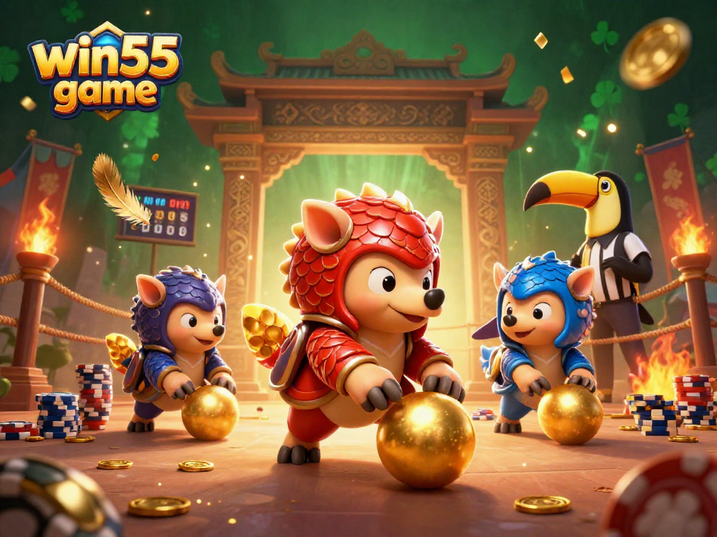 Engage in the thrilling win55 game with rival pangolins in an epic casino showdown, featuring vibrant gaming elements.