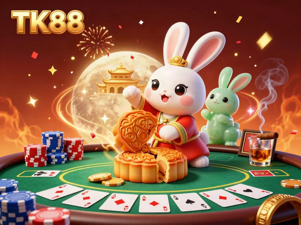 Engage with TK88's immersive casino atmosphere featuring a moon rabbit character revealing poker chips amidst vibrant gambling elements.