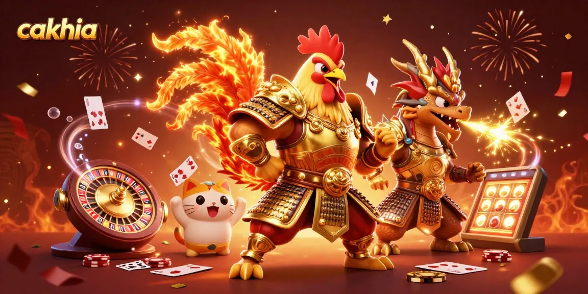 Engage with cakhia's vibrant casino scene featuring a rooster warrior, dragon hatchling, and exciting game elements.