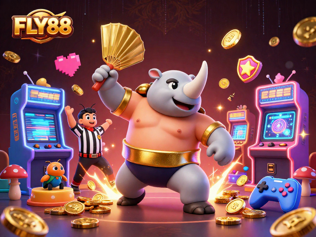 FLY88's engaging casino experience comes alive with a colorful 3D cartoon scene featuring exciting game elements.