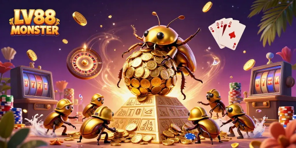 Experience thrilling gameplay at LV88 MONSTER with vibrant cartoon beetles, golden coins, and dynamic casino elements.