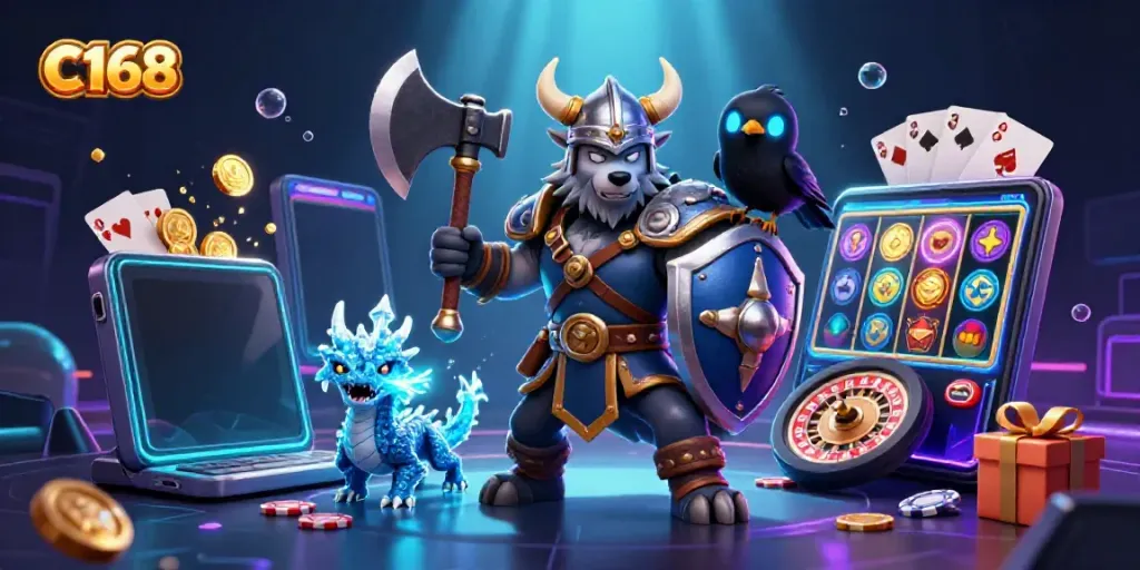 Experience thrilling gaming adventures with C168 featuring a Viking wolf warrior, dragon, and casino action.