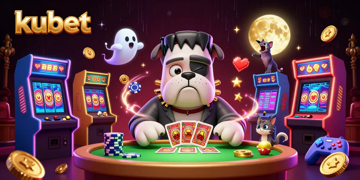 Kubet's vibrant casino scene with a Frankenstein bulldog dealing cards amid neon arcade elements.