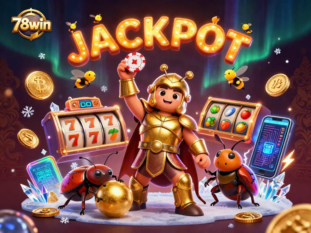 Engage in thrilling gameplay at 78win with a victory pose beetle holding poker chips amidst a jackpot celebration