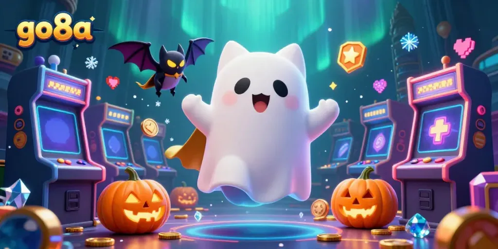 Experience thrilling gameplay at go8a with a ghost cat and glowing elements in a haunted casino.