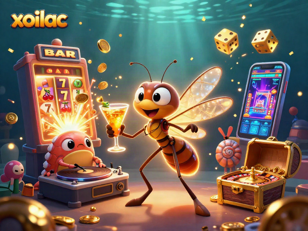 Experience excitement with xoilac's 3D casino mascot scenes featuring vibrant gambling elements.