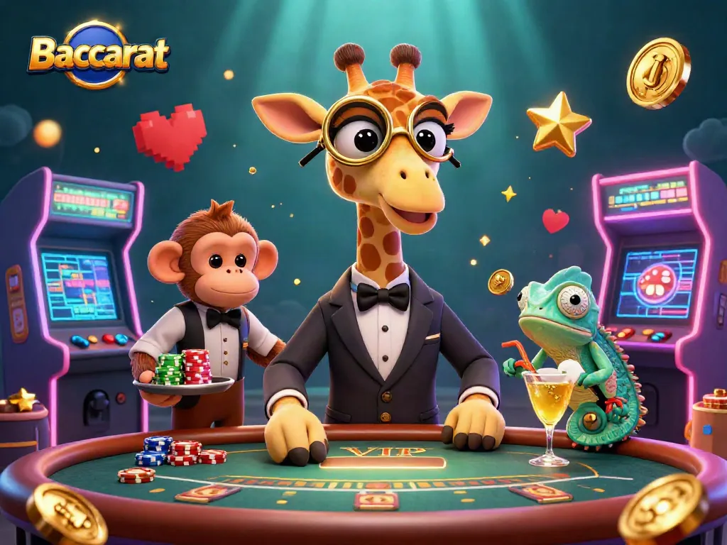 Baccarat high-roller giraffe at a casino VIP table, vibrant characters and elements celebrating the game.