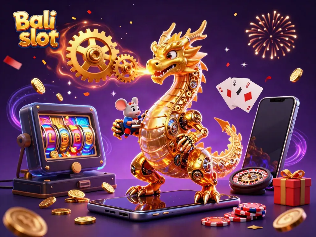 Experience immersive Bali slot gameplay with a vibrant 3D dragon, dynamic elements, and celebratory visuals.