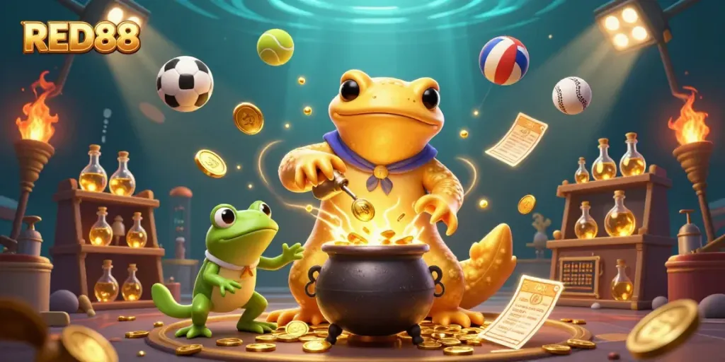 Experience the excitement of RED88 with cartoon characters engaged in gold transmutation alongside sports elements.