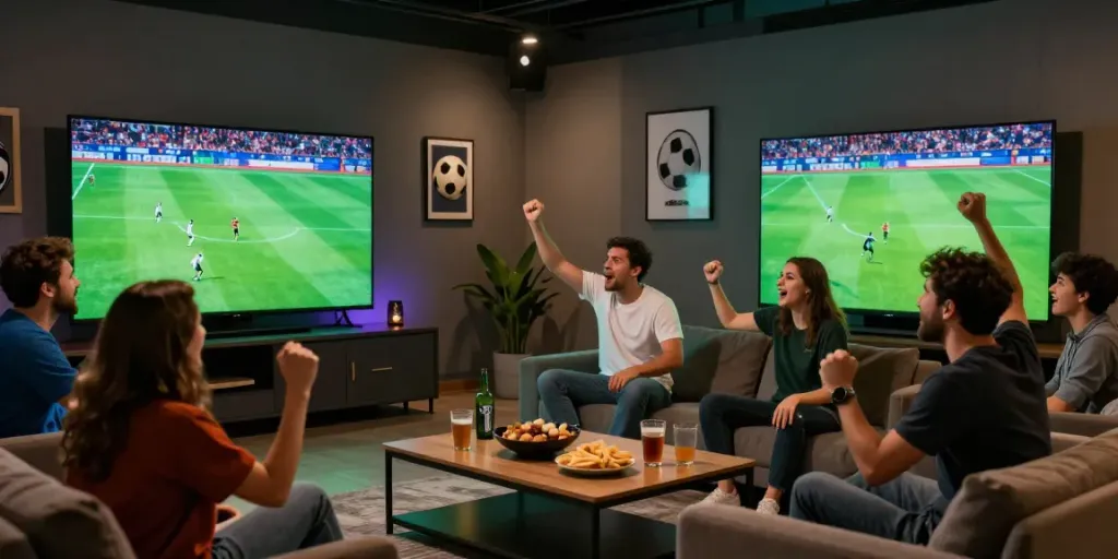 Socolive soccer viewing experience with friends cheering in a cozy lounge.