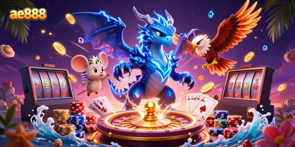 Experience the thrill of ae888 with vibrant characters, spinning roulette, and gold coins cascading in a dynamic casino scene.