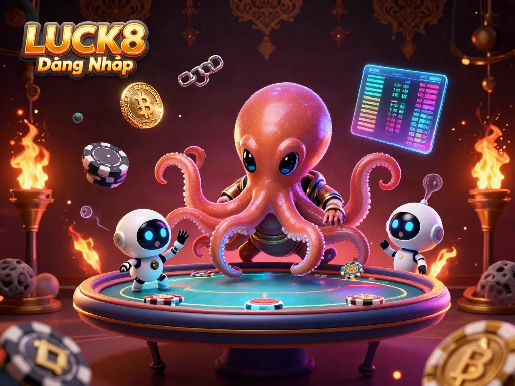 Engage with LUCK8 Đăng Nhập as an alien octopus interacts with a holographic poker table amidst vibrant cosmic elements.