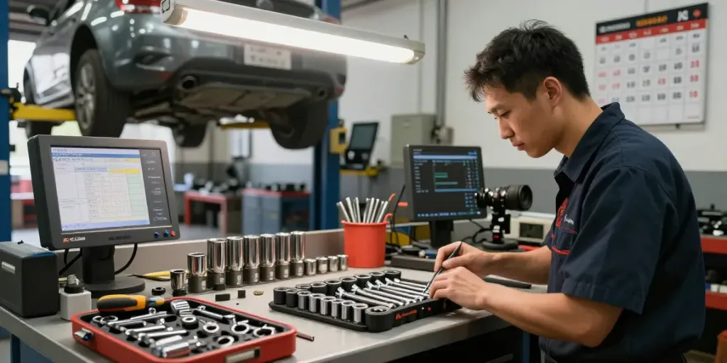 Technician using KS Tools socket set in an organized automotive workshop.