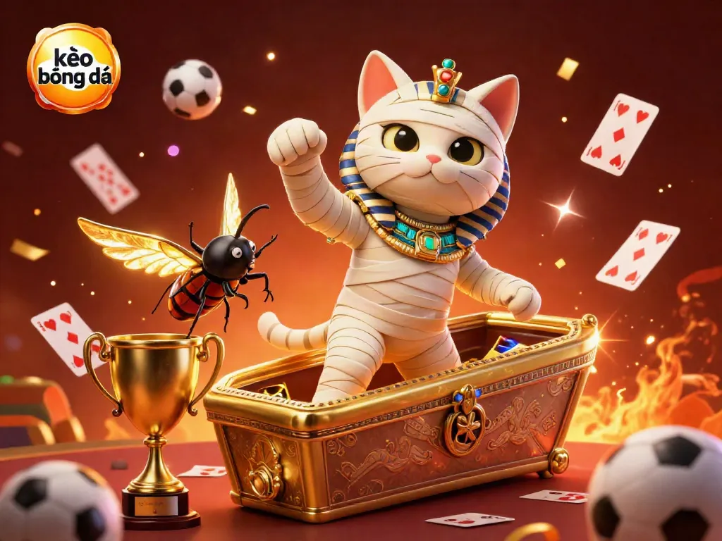 Engage with vibrant kèo bóng đá gaming at a sports betting casino, featuring a mummy cat and a scarab beetle.