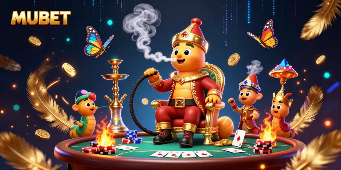 MUBET promotes excitement with a rich casino scene featuring poker elements and a whimsical caterpillar character.