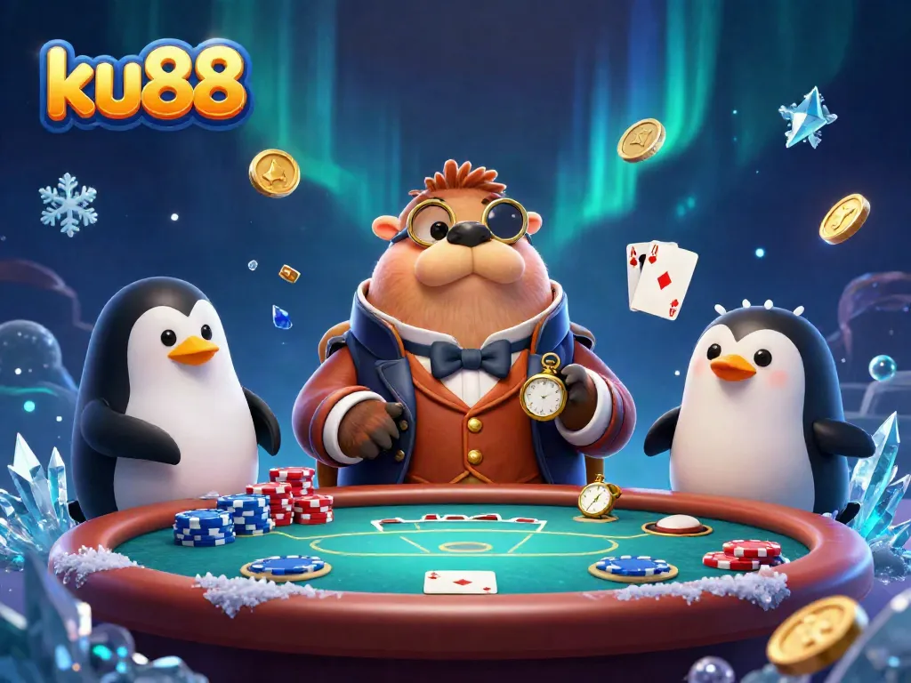 Play poker with ku88 in this lively underwater scene featuring a walrus, penguin dealer, and a bluffing pufferfish.