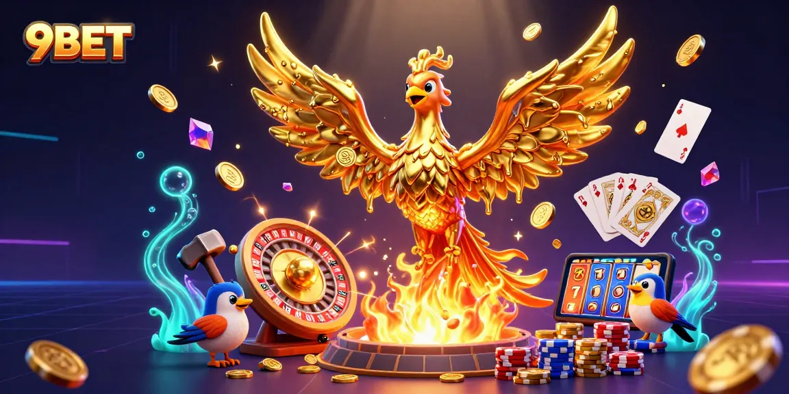Experience thrilling wins with 9BET in a dynamic casino scene featuring golden coins and a golden phoenix.