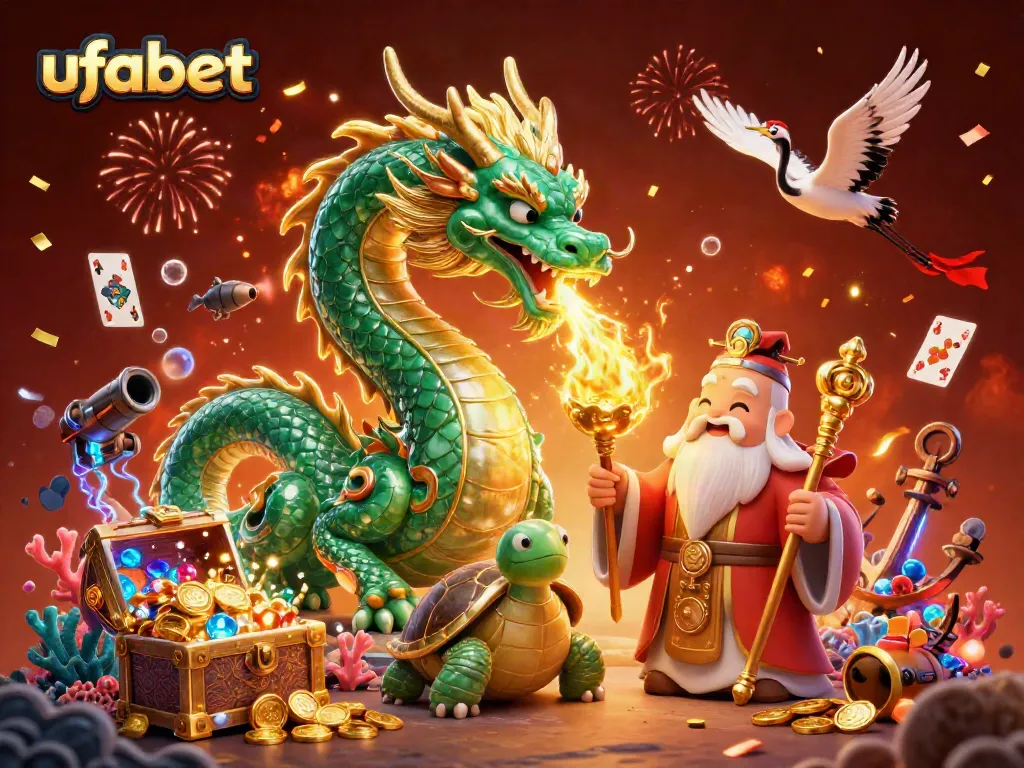 Experience thrilling ufabet gaming with a vibrant dragon, wise turtle, and lucky cranes amidst gold coins and playing cards.
