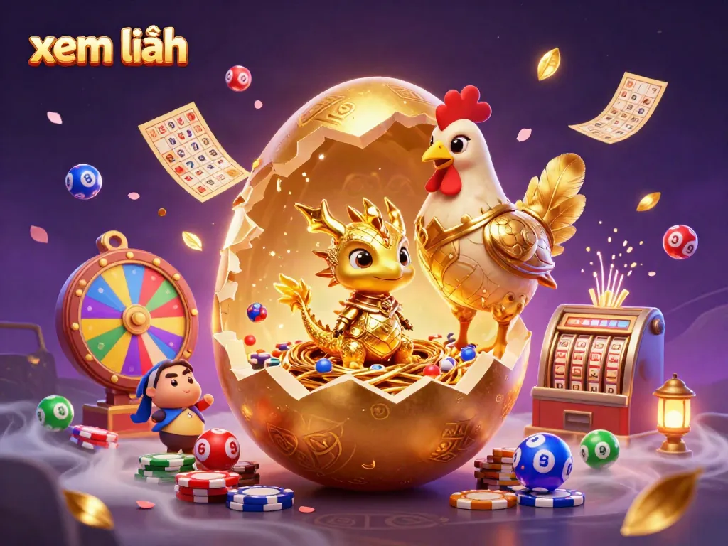 Xem thêm with a baby dragon revealing from a golden egg, surrounded by vibrant lottery elements in a dynamic casino scene.