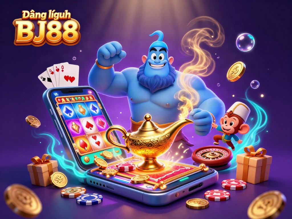 Join the fun with Đăng nhập BJ88, as a genie, monkey, and magic carpet burst into a lively gaming scene.