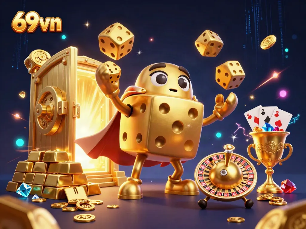 Experience thrilling gameplay with 69vn's golden dice golem and sparkling treasures in the casino.