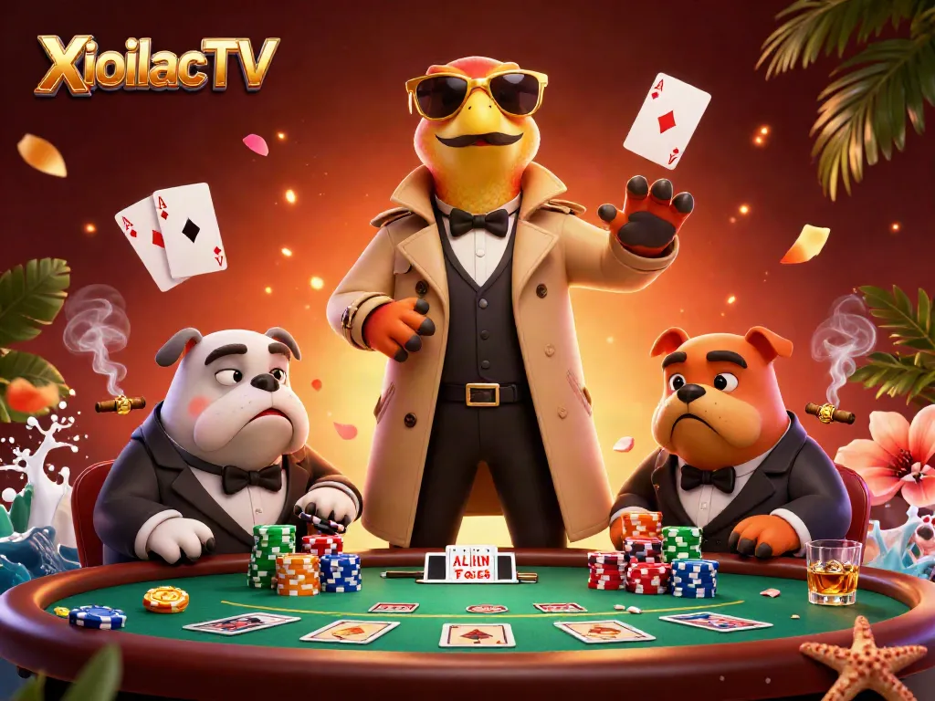 XoilacTV raptors in a trench coat enter VIP casino lounge with poker elements.
