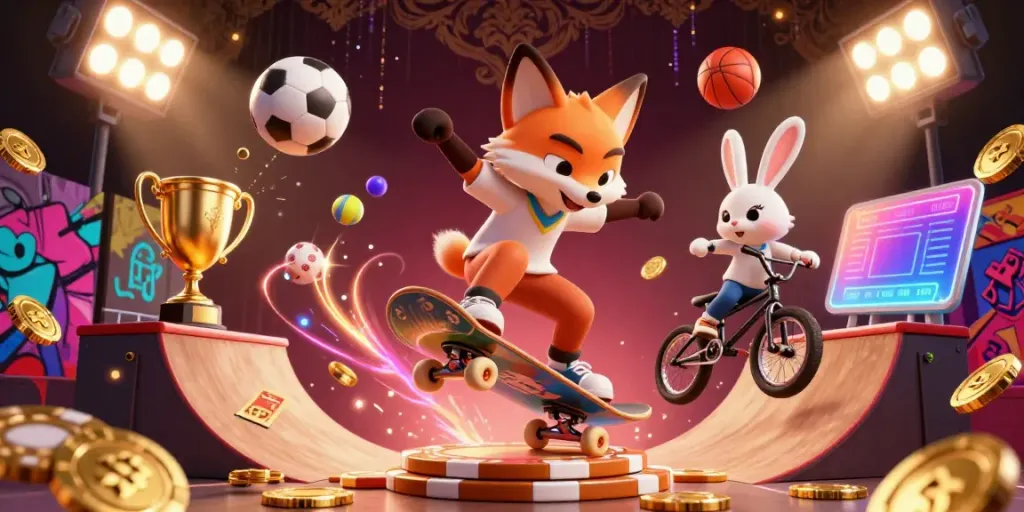 Engage in tai xiu with a fox performing thrilling tricks over golden poker chips in a vibrant casino scene.