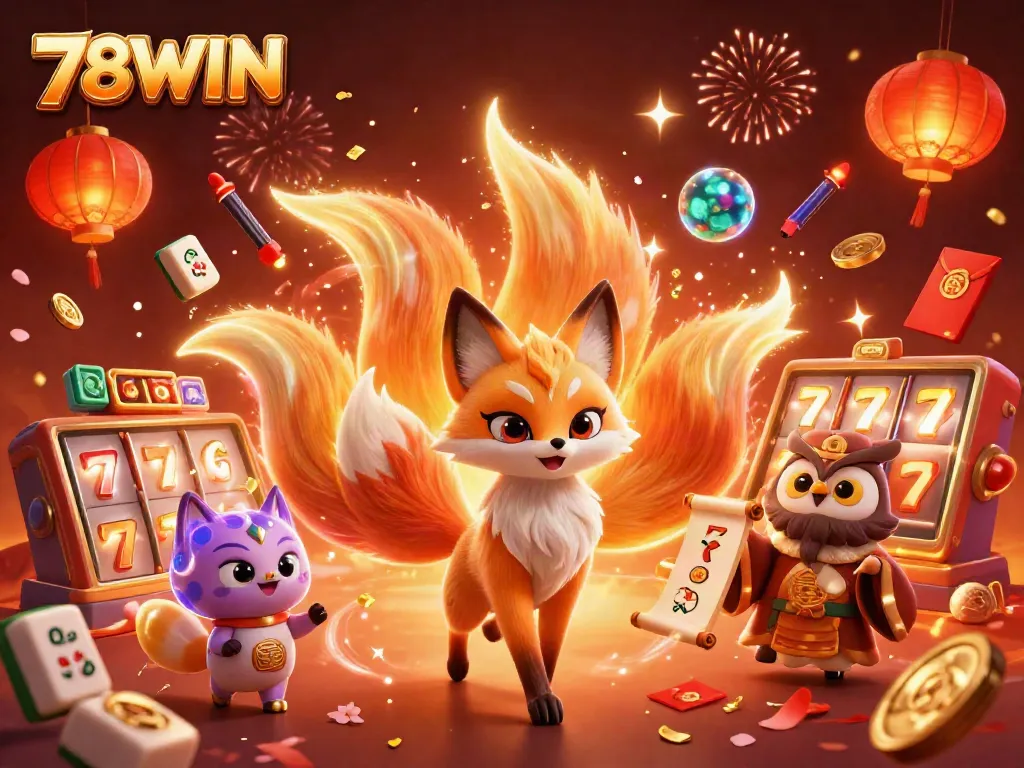 Engage in thrilling gameplay with 78WIN featuring charming mystical characters and vibrant casino elements in a festive setting.