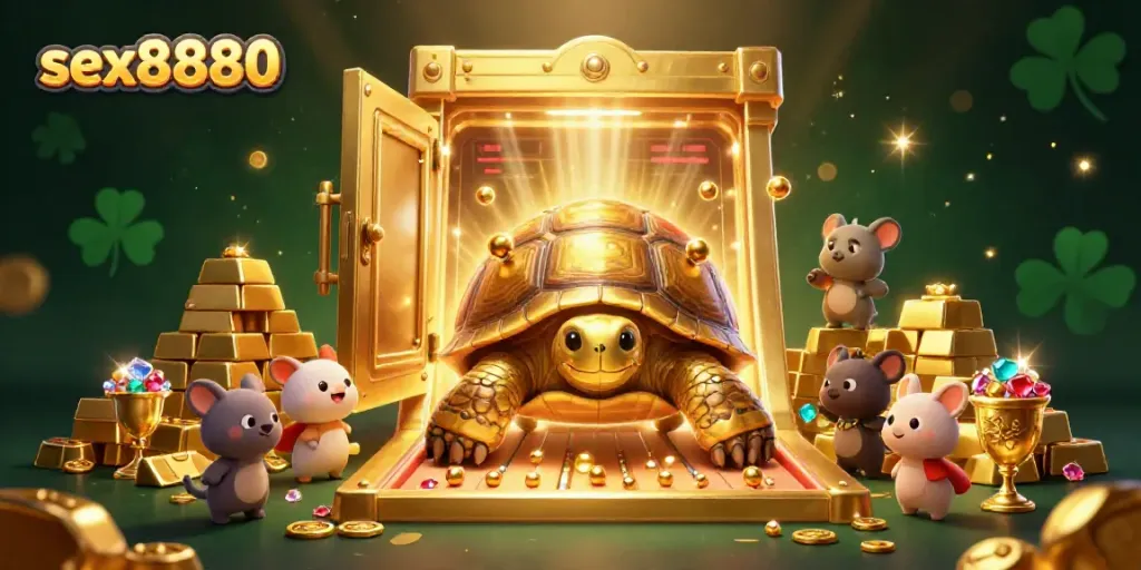 Experience excitement at sex8880, featuring a colossal tortoise pinball machine amidst dazzling treasures and animated characters.