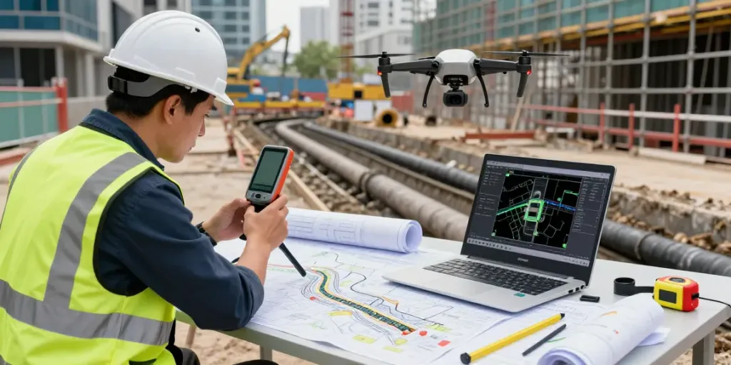 Drainage Mapping London scene showing a surveyor with mapping equipment and CAD diagrams in an urban construction site.