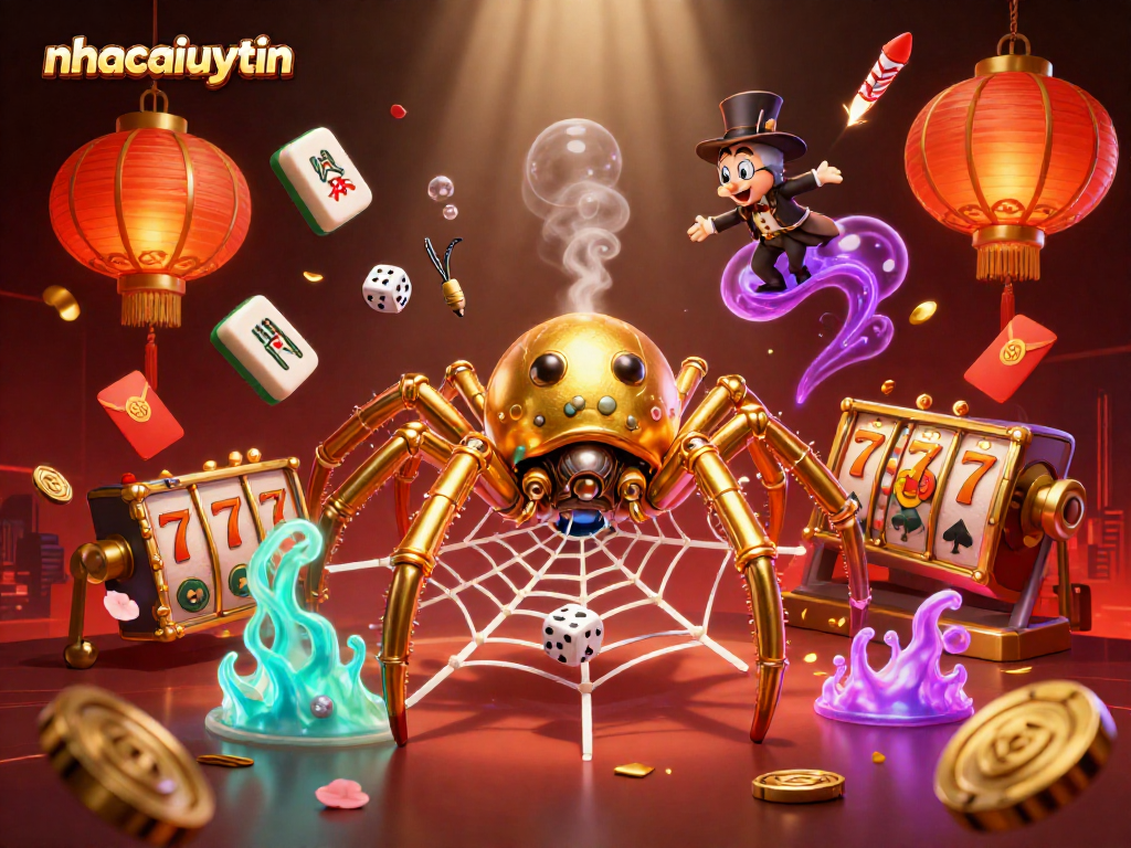 Engage with nhacaiuytin through this vibrant illustration of a steampunk spider weaving a golden web of luck in an online casino.