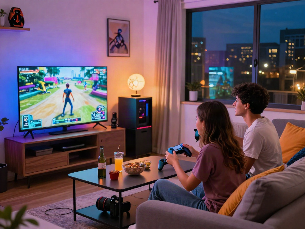 Exciting adult game experience with couples gaming in a cozy living room.