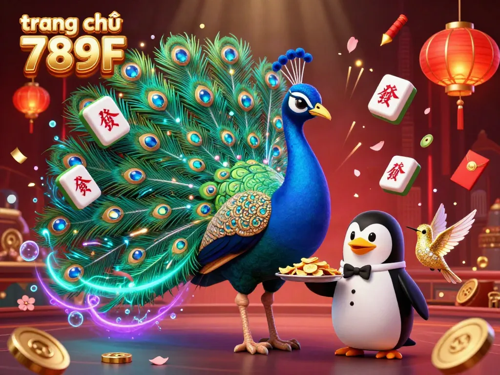Engage with the colorful world of trang chủ 789F, featuring a lively peacock and penguin amidst casino elements.