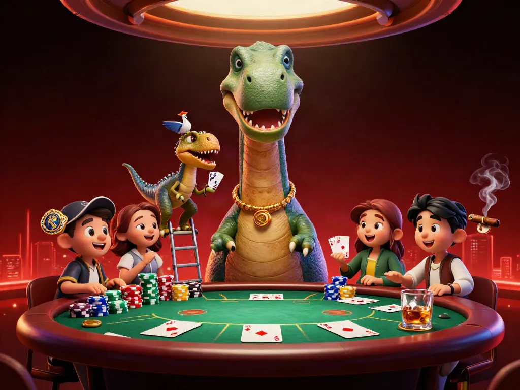 KO66 illustration featuring a brontosaurus and raptor dealing cards on a vibrant poker scene.