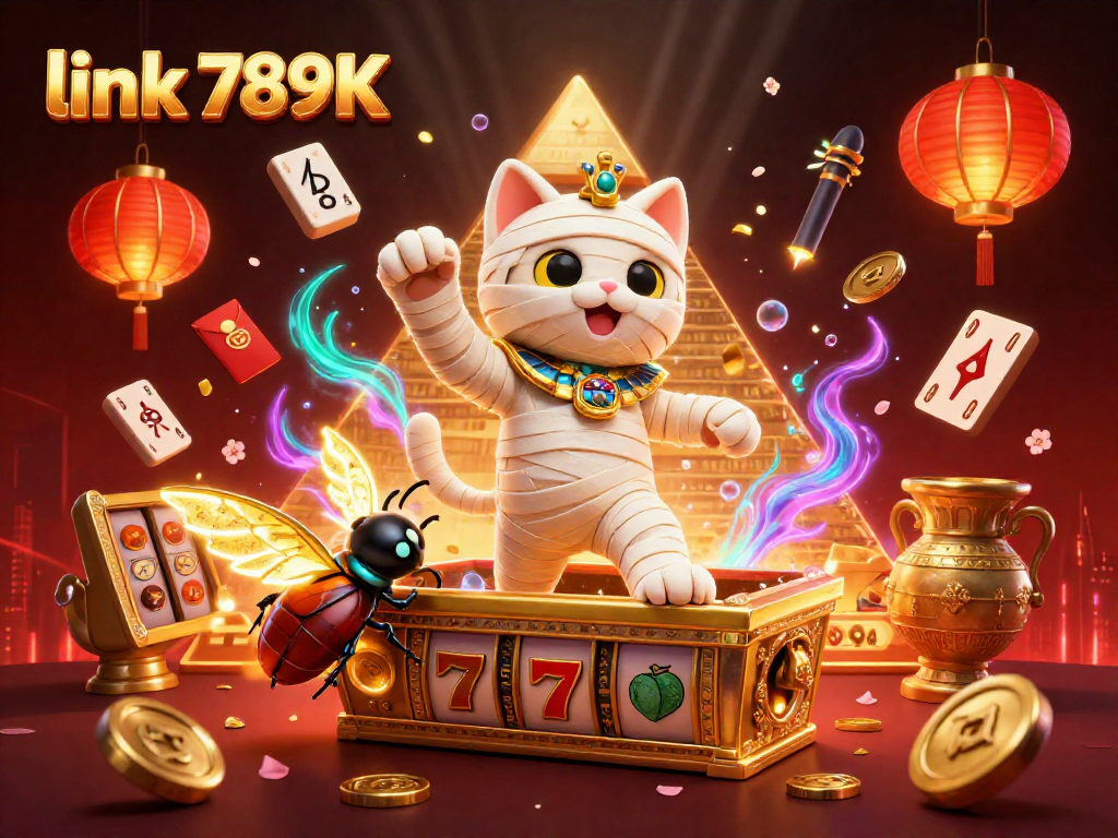 Experience excitement with link 789K in this vibrant 3D casino illustration filled with dynamic elements.