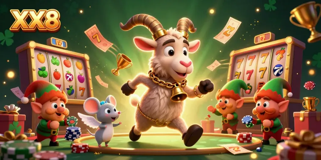 Experience thrilling gaming action at the XX8 casino with festive characters and dynamic slot elements.