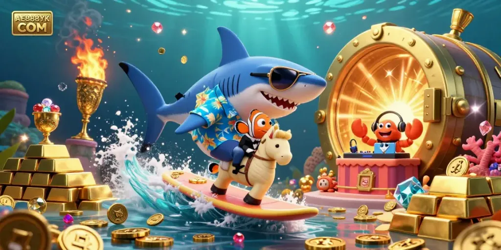 Experience thrilling wins at AE888YK COM with a vibrant underwater casino scene featuring a shark and treasures.