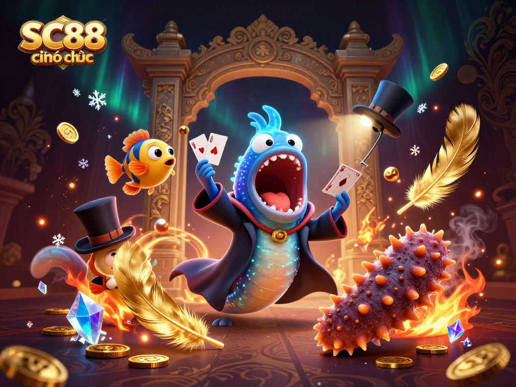 Engaging 3D illustration showing SC88 chính thức with vibrant casino elements and unique sea creatures.