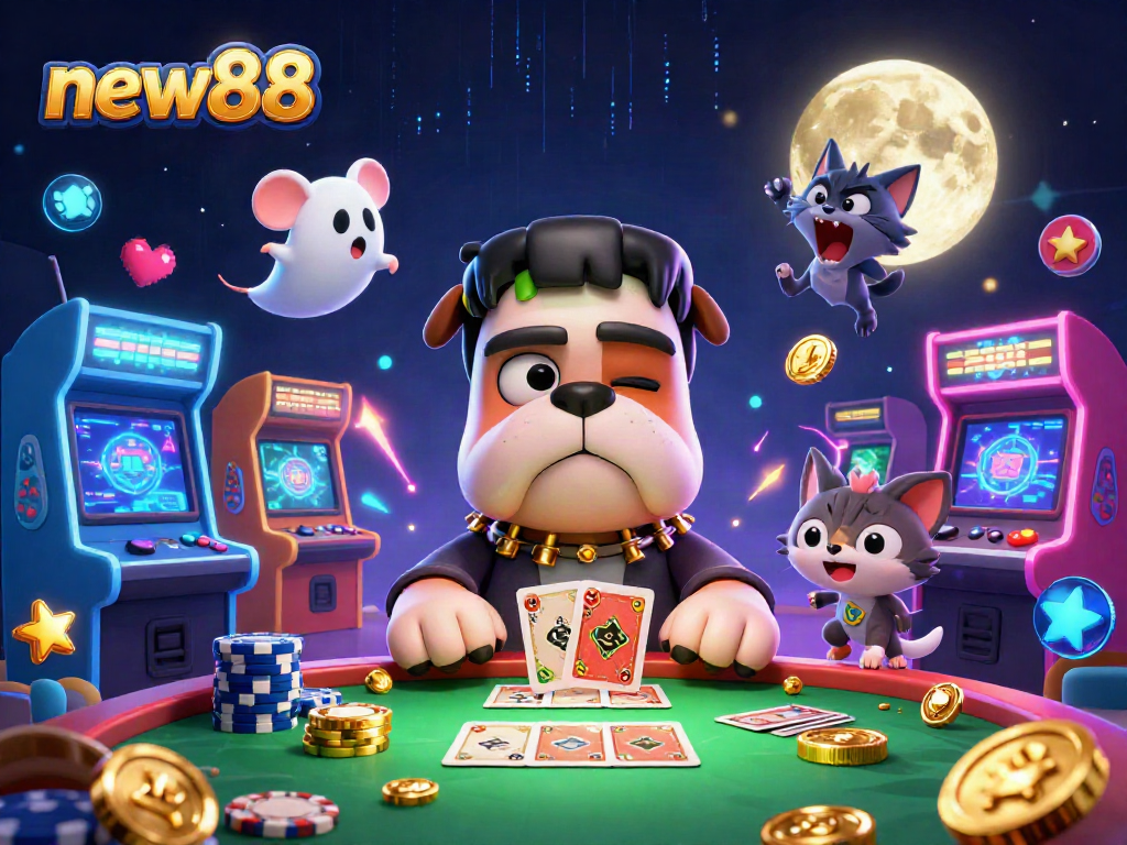 Join the fun at new88 as a Frankenstein bulldog dealer entertains at a lively casino.