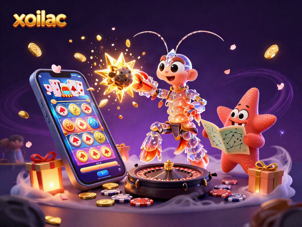Xoilac features a vibrant scene with a galactic samurai shrimp in action surrounded by casino elements.