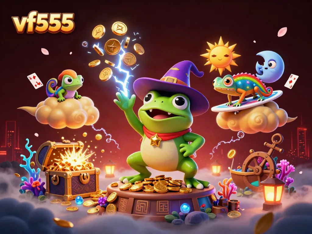 Win big with vf555: a colorful 3D scene of luck and fortune featuring gold coins and vibrant game elements.